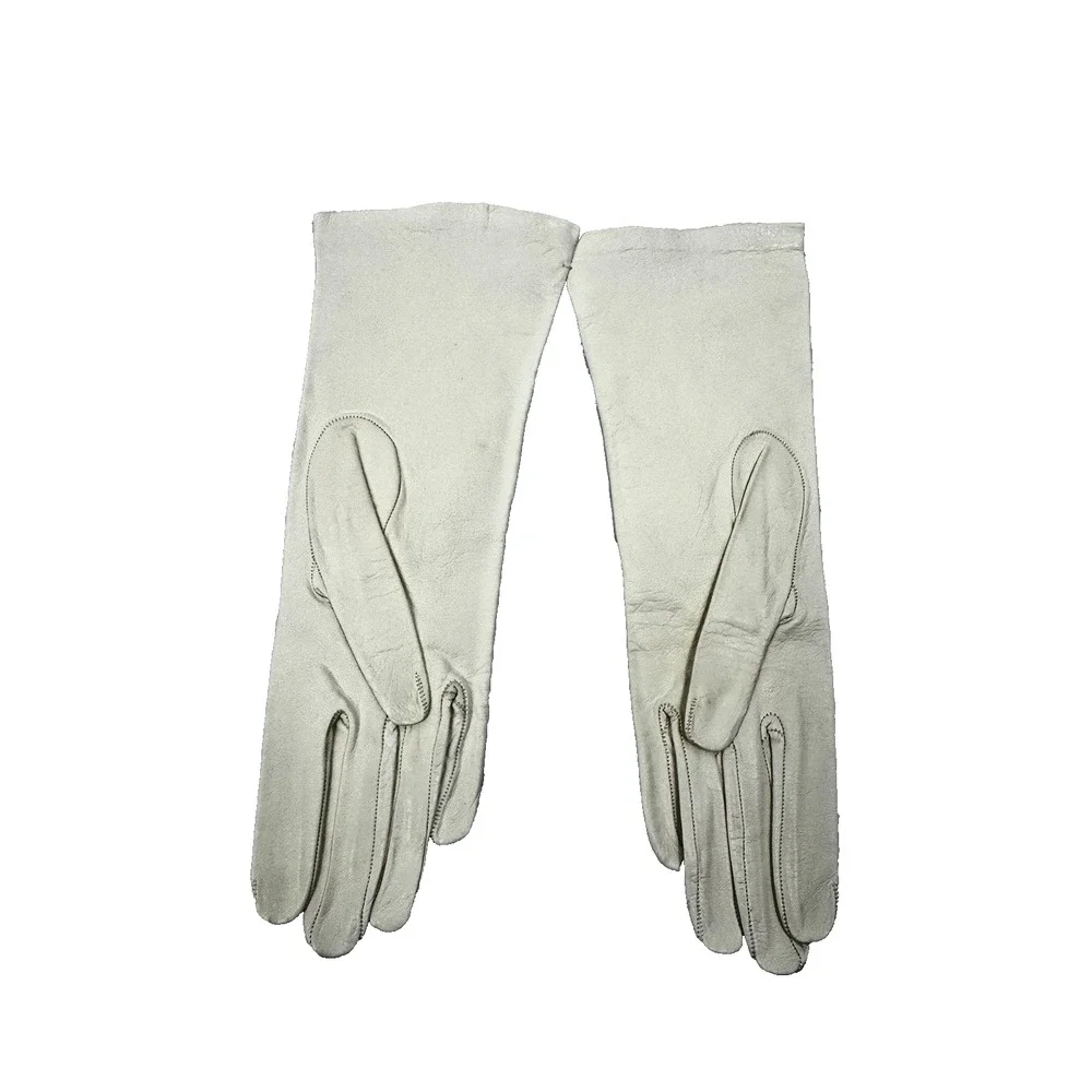 Size 7 Vintage White Leather Ladies Gloves Embroidered Cutout Design Bridal NEW